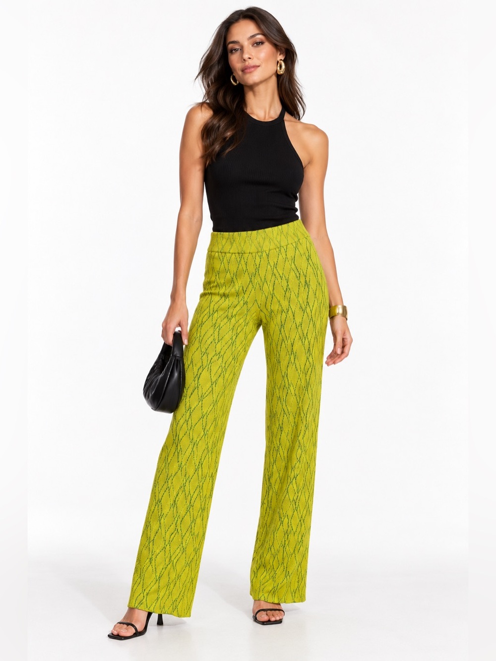 Zara Knit Pants Women’s Large Chartreuse Yellow Green Geometric Pull On Trousers